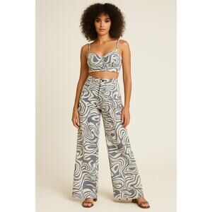 Y2K MELROSE WITH LOVE Retro 70s Swirl Stretchy Denim Set Flare Jeans Crop Top S